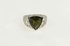 14K White Gold Trillion Tsavorite Ornate Floral Cocktail Ring