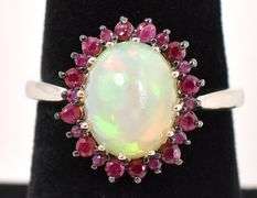 Lovely 3.42CTS Opal & 0.62CTW Ruby Ring in Sterling Silver