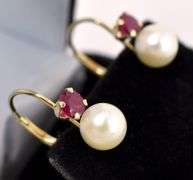 Adorable Pearl and Ruby Dangle Earrings In 14K Yellow Gold