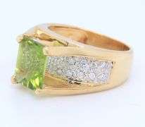 Gorgeous Yellow Gold 1.50ct Emerald Cut Peridot and Diamond accent Ring