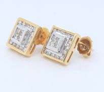 Sparkling Yellow Gold Princess and Round Brilliant Cut Diamond Earrings