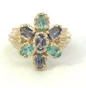 10K Yellow Gold Syn. Blue Topaz Tanzanite Flower Cocktail Ring