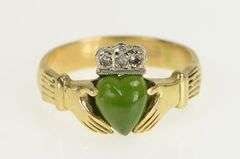 14K Yellow Gold Jade Diamond Claddagh Celtic Loyalty Ring