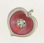 14K White Gold Retro Pink Sim. Opal Diamond Curved Heart Pendant