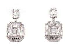New Effy 1.50ctw Baguette and Round Diamond Cluster Drop Earrings in 18K W/Box