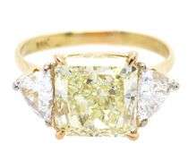 GIA Certified 4.02ct Fancy Light Yellow Internally Flawless Radiant Diamond and 1.50ctw White Trillion Diamond Three Stone Engagement Ring in 18K