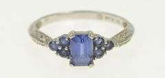 10K White Gold Emerald Cut Syn. Sapphire Diamond Vintage Ring