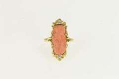14K Yellow Gold Victorian Coral Diamond Accent Ornate Ring