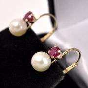 Adorable Pearl and Ruby Dangle Earrings In 14K Yellow Gold