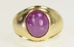 14K Yellow Gold Oval Syn. Star Ruby Cabochon Retro Ring