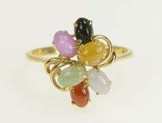 14K Yellow Gold Retro Syn. Star Sapphire Jade Cluster Ring