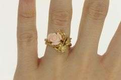 14K Yellow Gold Coral Rose Flower Engagement Bridal Set Ring