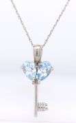 Vintage 925 Sterling Silver Blue Cubic Zirconia Key Pendant on Chain Necklace