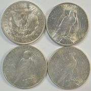 4 Flashy-white Silver Dollars: 1921-D Morgan & 1922-S, 1923-S & 1926-S Peace