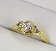 18K Yellow Gold Art Deco Diamond Sapphire Accent Vintage Ring