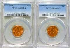 Superb Gem BU 1955D & 1955S Mint Lincoln Cents Both PCGS MS 66 Red!