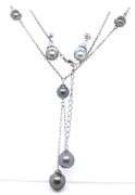925 Sterling Silver Grey Parl Lariat Necklace with Pearl Dangle Earrings