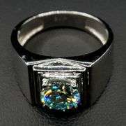 14 Kt White Gold Plate Men's Sparkling 2.35 Ct Mint Green Fire Moissanite Ring