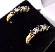 Attractive Blue Sapphire and Diamond J-Hoop Earrings in 14K Yellow Gold
