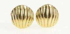 14K Yellow Gold Ridged Scallop Shell Vintage Round Stud Earrings