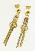 18K Yellow Gold Patterned Chain Bow Heart Dangle Fringe Earrings