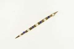 14K Yellow Gold Retro Syn Sapphire Seed Pearl Vintage Bar Pin/Brooch
