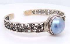 Set of Vintage 925 Sterling Silver Grey Pearl Bangle and Ring