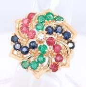 Gorgeous Yellow Gold 2.30ctw Ruby, Sapphire, Emerald and Diamod Pinwheel Ring