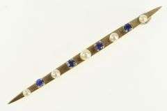 14K Yellow Gold Retro Syn Sapphire Seed Pearl Vintage Bar Pin/Brooch