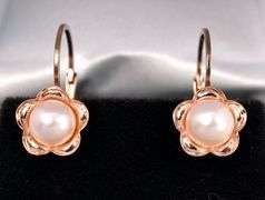 Adorable Flower Pearl Dangle Earrings In 14K Rose Gold