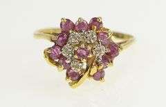 14K Yellow Gold Diamond Ruby Ornate Flower Cluster Vintage Ring