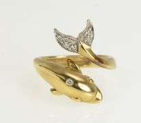 14K Yellow Gold Diamond Emerald Dolphin Wrap Statement Ring
