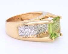 Gorgeous Yellow Gold 1.50ct Emerald Cut Peridot and Diamond accent Ring