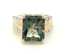 14K Yellow Gold Emerald Cut Green Chrysoberyl Diamond Ring