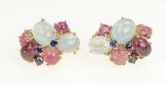 14K Yellow Gold 1960's Retro Ruby Tourmaline Topaz Sapphire Earrings