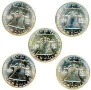 5 BU Franklin Half Dollars from 1961-D
