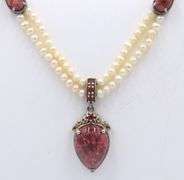 925 Sterling Silver Agate Pendant with 2 Row Pearl Necklace