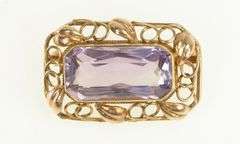 14K Yellow Gold 1940's Amethyst Ornate Scroll Vine Filigree Pin/Brooch