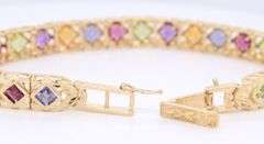 Powerful Yellow Gold Square Cut Peridot, Garnet, Iolite, Citrine and Amethyst Link Bracelet