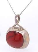 Vintage 925 Sterling Silver Mexico Signed Coral Pendant on Box Chain Necklace