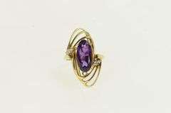 14K Yellow Gold Oval Amethyst Diamond Vintage Statement Ring