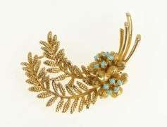 10K Yellow Gold Turquoise Cluster Fern Leaf Sprig Retro Pin/Brooch