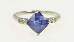 10K White Gold Cushion Syn. Sapphire Diamond Vintage Ring