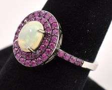 Radiant 2.3CTS Opal & 0.96CTW Ruby Ring in Sterling Silver
