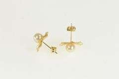 14K Yellow Gold Pearl Ornate Pleated Filigree Vintage Stud Earrings