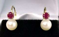 Adorable Pearl and Ruby Dangle Earrings In 14K Yellow Gold