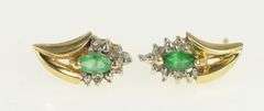 10K Yellow Gold Marquise Emerald Diamond Halo Vintage Stud Earrings