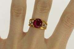 18K Yellow Gold Oval Syn. Ruby CZ Cluster Accent Vintage Ring