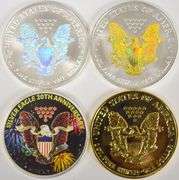 Lot Of 4 American Silver Eagles Colorized, Holographic, Gold-Plated