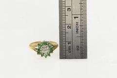 14K Yellow Gold Retro Natural Emerald Diamond Cluster Cocktail Ring